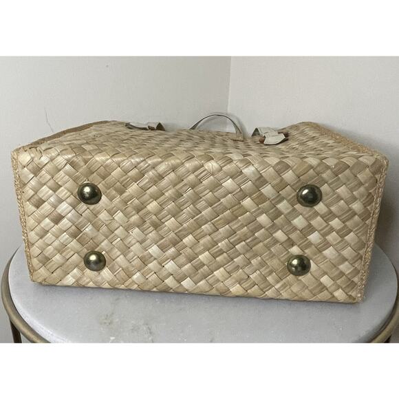 Vintage Handmade in Philippines Woven Straw Bag Pink Yellow Purple Flowers - Picture 7 of 12